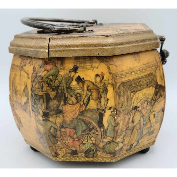 Vtg 1970s Artist Anton Pieck European Decoupage Wooden Box Red Velvet Lining - Picture 11 of 16